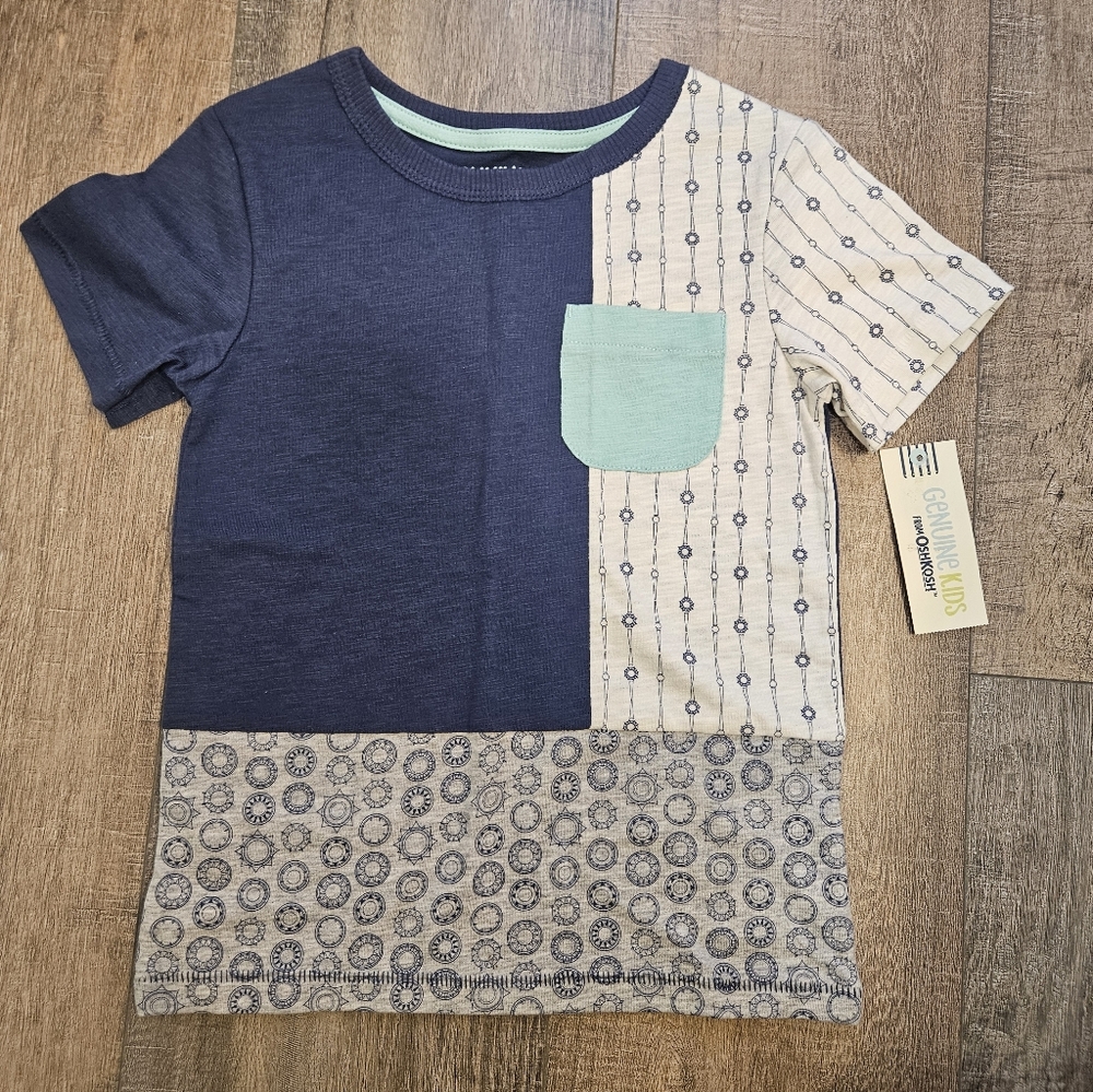 Boys Navy and Cream Patterned Tee with Pocket